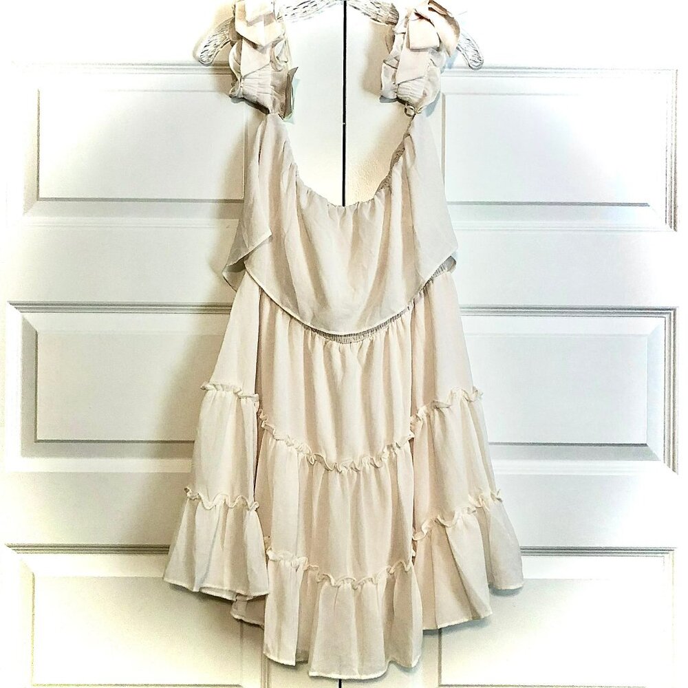 MABEL by ANTHROPOLOGIE Rayna Boho Off Shoulder Tiered Mini Sundress Cream L - Picture 5 of 6